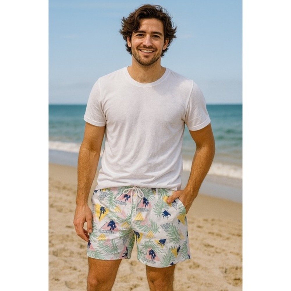 Free Planet Men Small Swim Trunks‎ White Tropical Geometric Palm Tree Print 5in